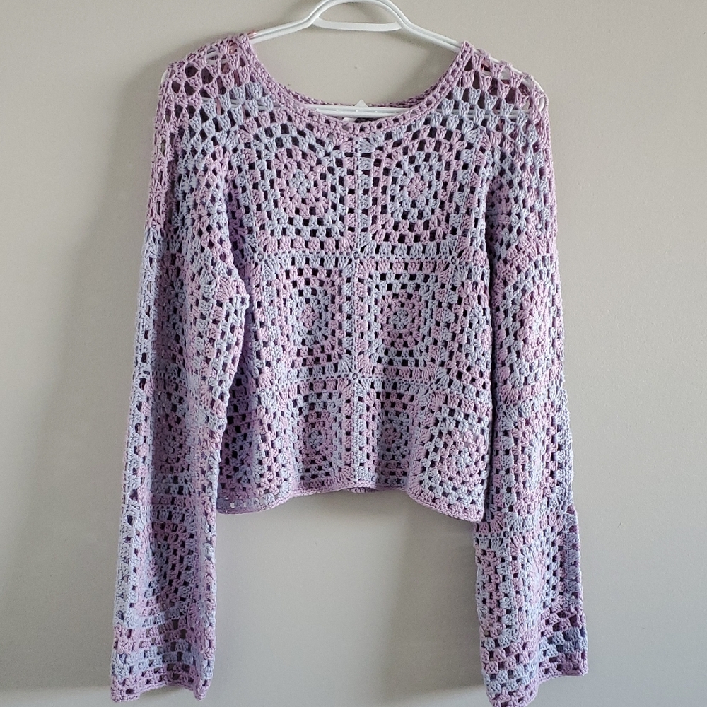 Dreamers By Debut Lilac Crochet Cropped Flare Sleeves Fairy Sweater Size M/L